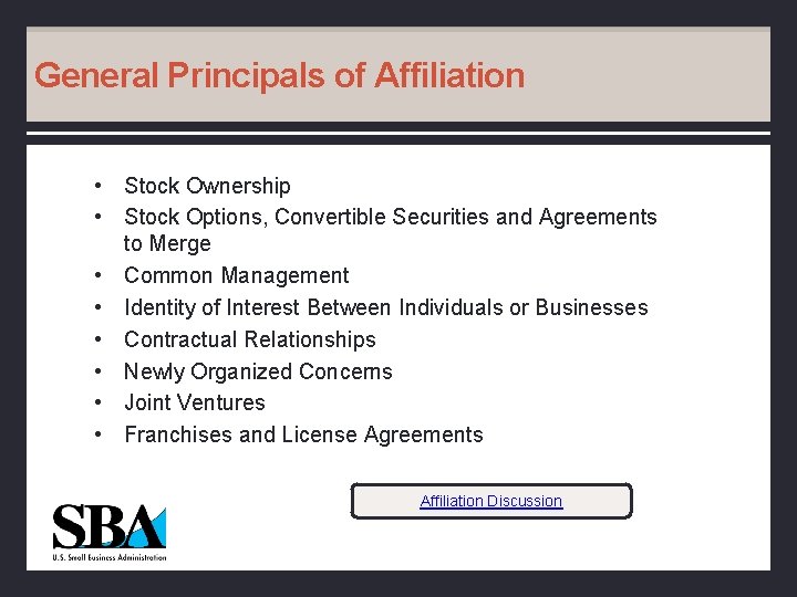 General Principals of Affiliation • Stock Ownership • Stock Options, Convertible Securities and Agreements