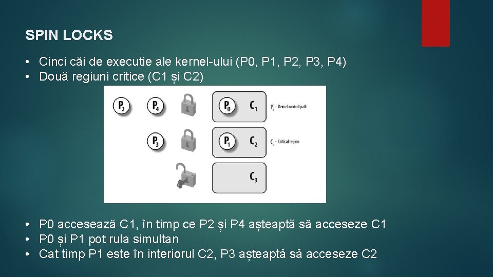 SPIN LOCKS • Cinci căi de executie ale kernel-ului (P 0, P 1, P