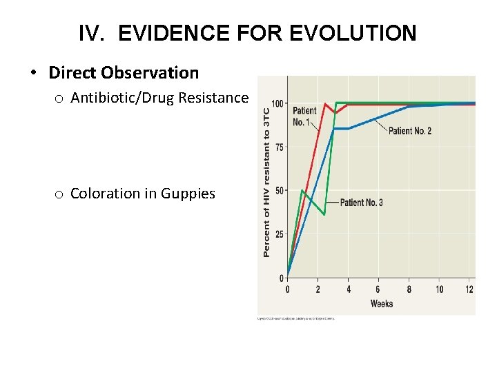 IV. EVIDENCE FOR EVOLUTION • Direct Observation o Antibiotic/Drug Resistance o Coloration in Guppies