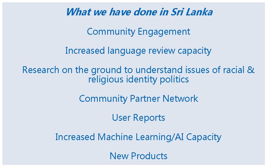 What we have done in Sri Lanka Community Engagement Increased language review capacity Research