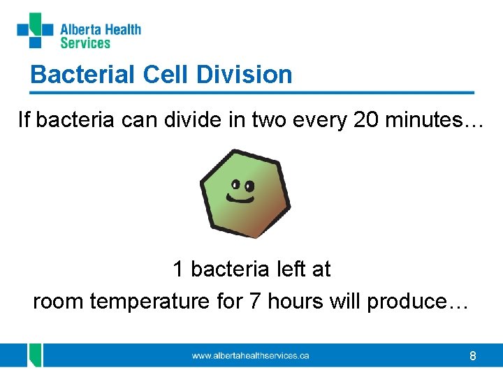 Bacterial Cell Division If bacteria can divide in two every 20 minutes… 1 bacteria