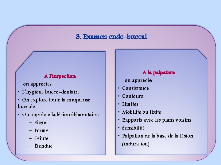 3. Examen endo-buccal A l’inspection: on apprécie: • L’hygiène bucco-dentaire • On explore toute