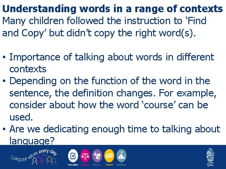 Understanding words in a range of contexts Many children followed the instruction to ‘Find