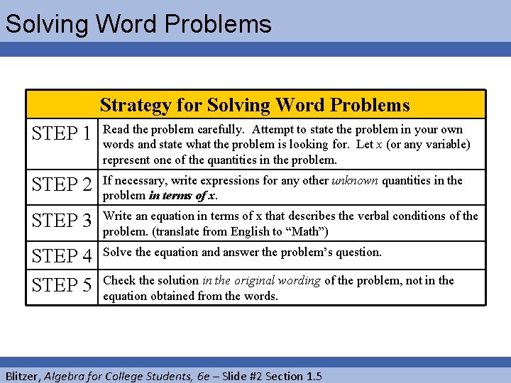 Solving Word Problems Strategy for Solving Word Problems STEP 1 Read the problem carefully.