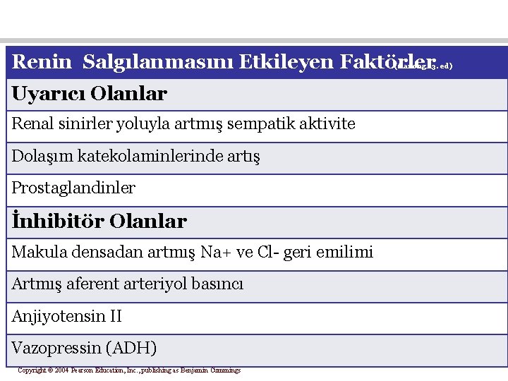 Renin Salgılanmasını Etkileyen Faktörler (Ganong 23. ed) Uyarıcı Olanlar Renal sinirler yoluyla artmış sempatik