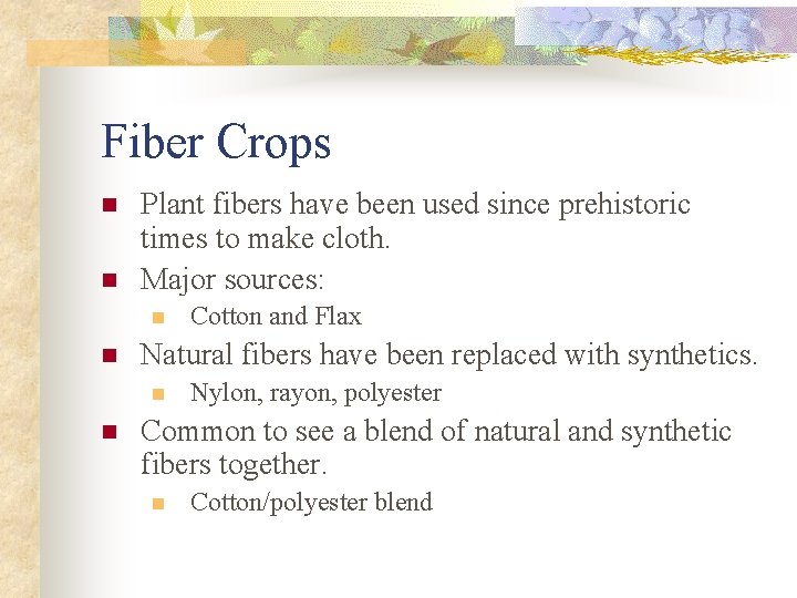 Fiber Crops n n Plant fibers have been used since prehistoric times to make