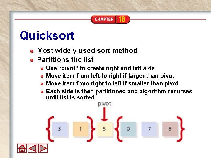 18 Quicksort Most widely used sort method Partitions the list Use “pivot” to create 18 Quicksort Most widely used sort method Partitions the list Use “pivot” to create