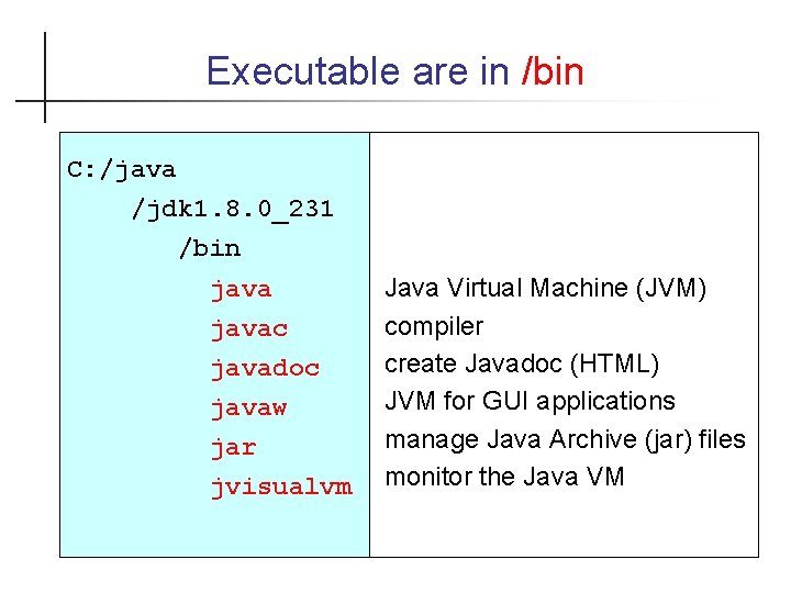 Executable are in /bin C: /java /jdk 1. 8. 0_231 /bin javac javadoc javaw