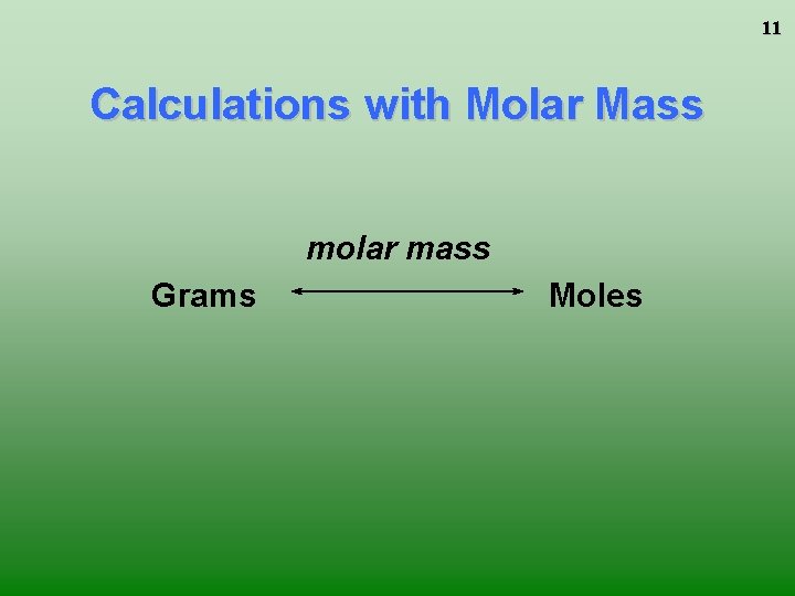 11 Calculations with Molar Mass molar mass Grams Moles 