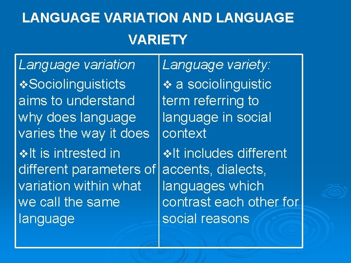 LANGUAGE VARIATION AND LANGUAGE VARIETY Language variation v. Sociolinguisticts aims to understand why does