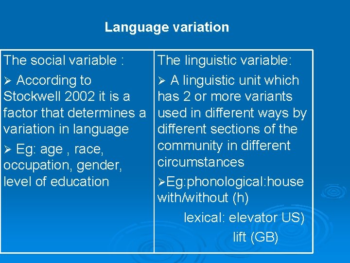 Language variation The social variable : Ø According to Stockwell 2002 it is a