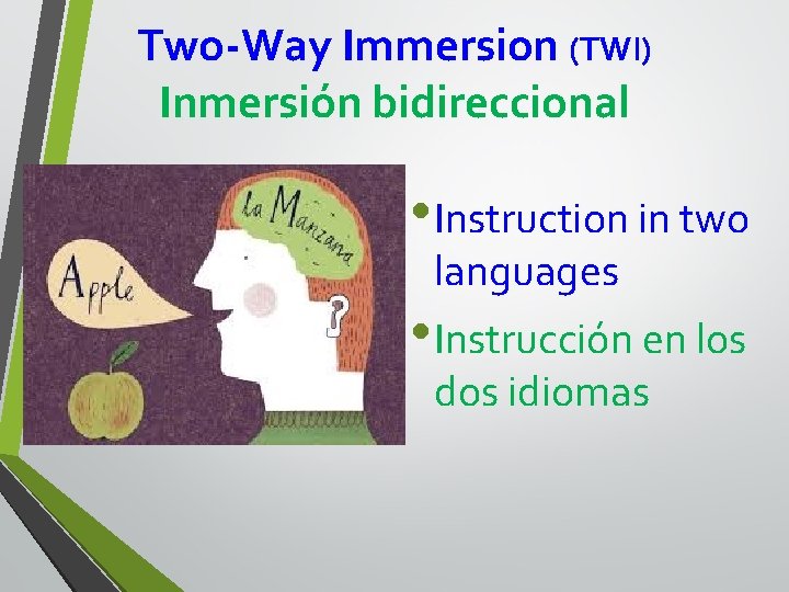 Two-Way Immersion (TWI) Inmersión bidireccional • Instruction in two languages • Instrucción en los