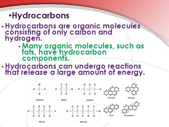  • Hydrocarbons are organic molecules consisting of only carbon and hydrogen. • Many