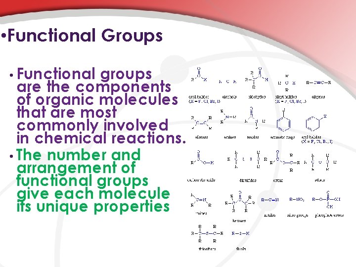  • Functional Groups • Functional groups are the components of organic molecules that