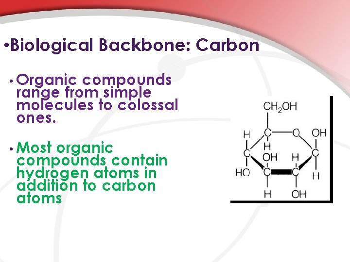  • Biological Backbone: Carbon • Organic compounds range from simple molecules to colossal