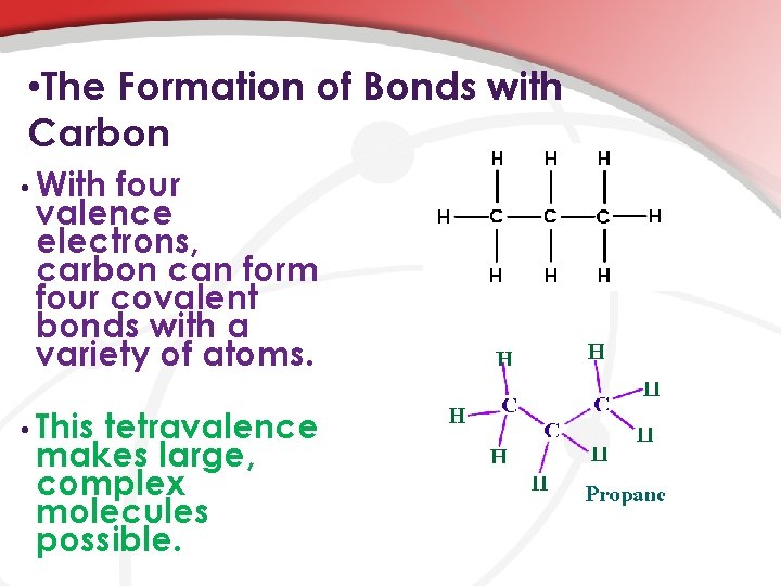  • The Formation of Bonds with Carbon • With four valence electrons, carbon