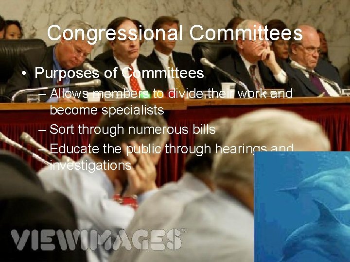 Congressional Committees • Purposes of Committees – Allows members to divide their work and