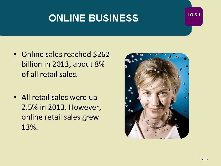 ONLINE BUSINESS LO 6 -1 • Online sales reached $262 billion in 2013, about