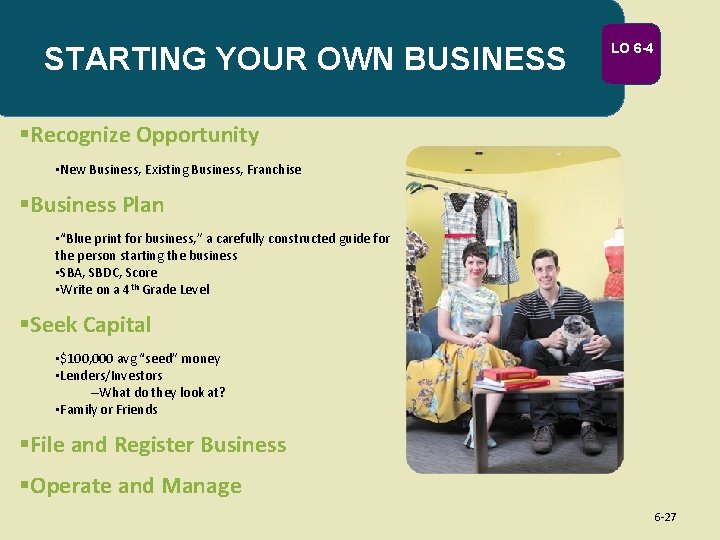 STARTING YOUR OWN BUSINESS LO 6 -4 §Recognize Opportunity • New Business, Existing Business,
