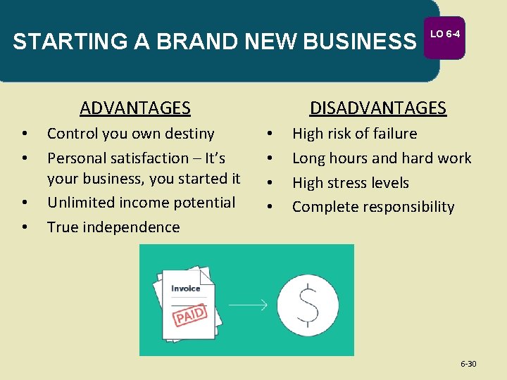 STARTING A BRAND NEW BUSINESS ADVANTAGES • • Control you own destiny Personal satisfaction