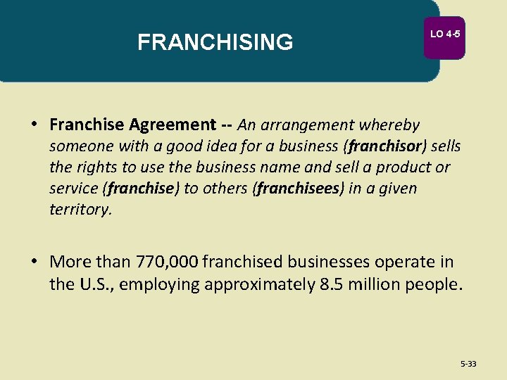 FRANCHISING LO 4 -5 • Franchise Agreement -- An arrangement whereby someone with a