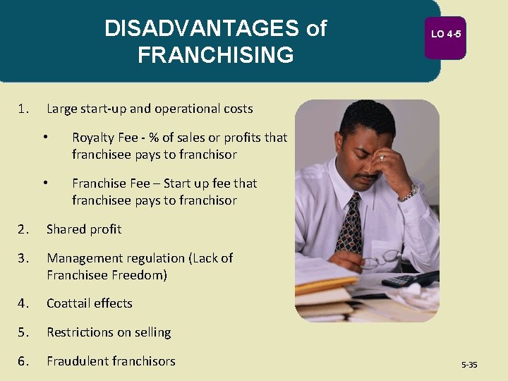 DISADVANTAGES of FRANCHISING 1. LO 4 -5 Large start-up and operational costs • Royalty