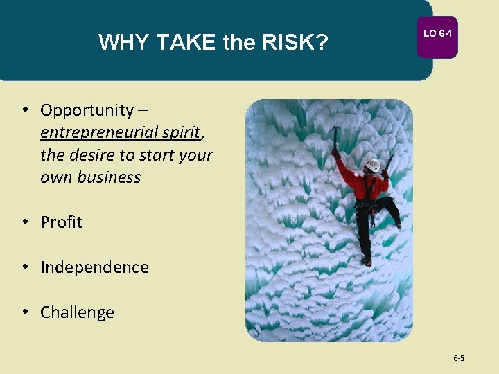 WHY TAKE the RISK? LO 6 -1 • Opportunity – entrepreneurial spirit, the desire