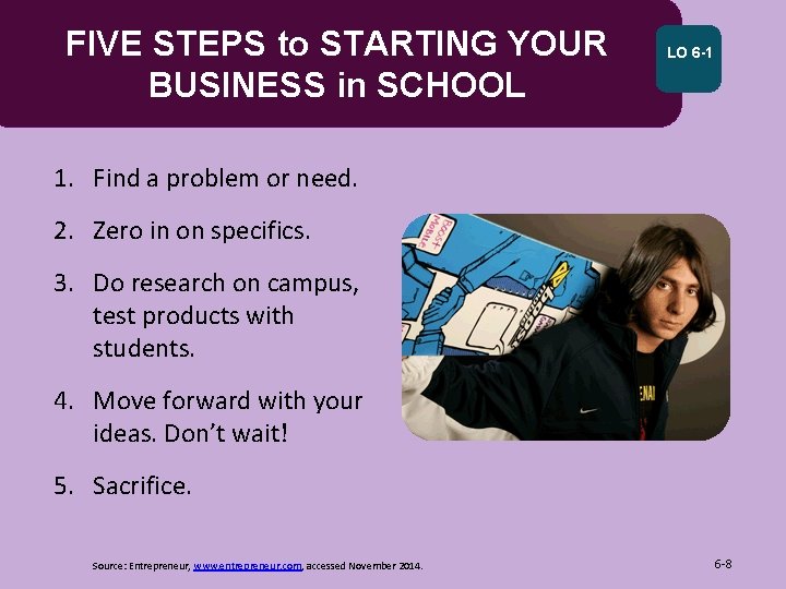 FIVE STEPS to STARTING YOUR BUSINESS in SCHOOL LO 6 -1 1. Find a