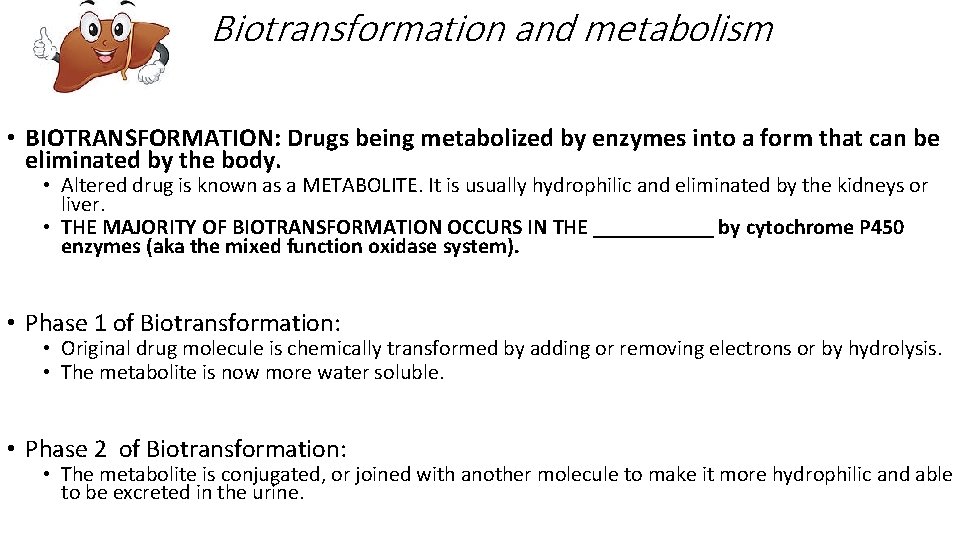 Biotransformation and metabolism • BIOTRANSFORMATION: Drugs being metabolized by enzymes into a form that