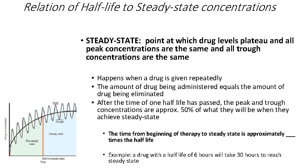 Relation of Half-life to Steady-state concentrations • STEADY-STATE: point at which drug levels plateau