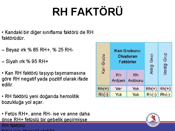 RH FAKTÖRÜ • Kandaki bir diğer sınıflama faktörü de RH faktörüdür. – Beyaz ırk