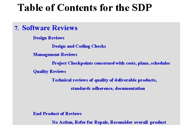 Table of Contents for the SDP 7. Software Reviews Design and Coding Checks Management