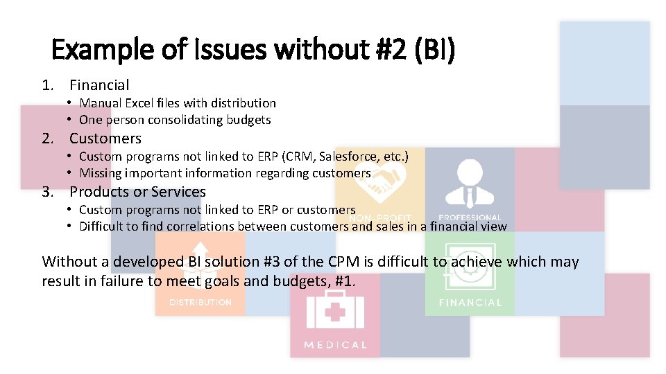 Example of Issues without #2 (BI) 1. Financial • Manual Excel files with distribution