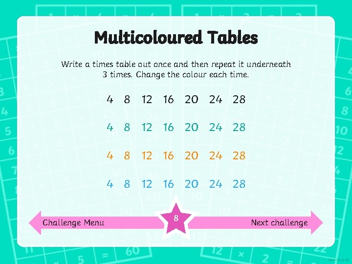 Multicoloured Tables Write a times table out once and then repeat it underneath 3