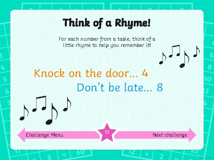 Think of a Rhyme! For each number from a table, think of a little