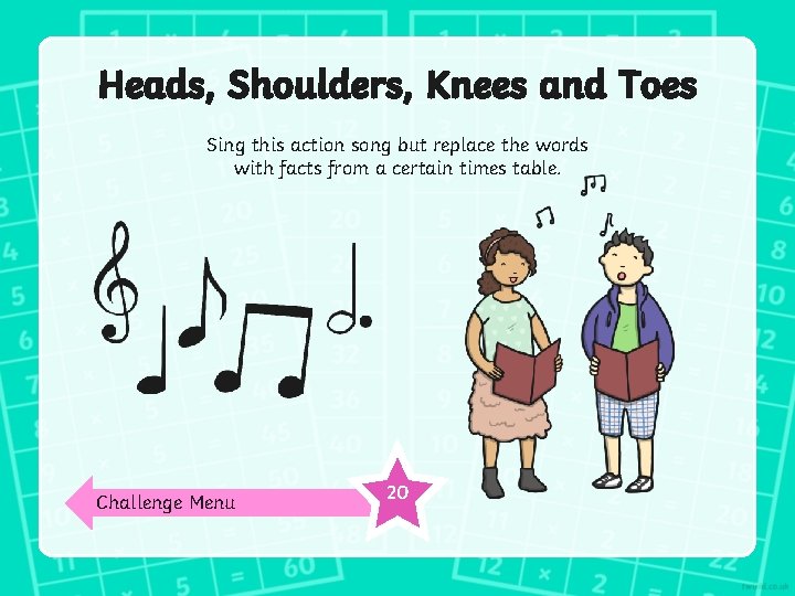 Heads, Shoulders, Knees and Toes Sing this action song but replace the words with