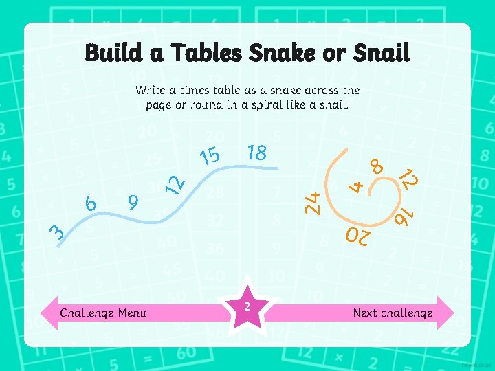 Build a Tables Snake or Snail Write a times table as a snake across