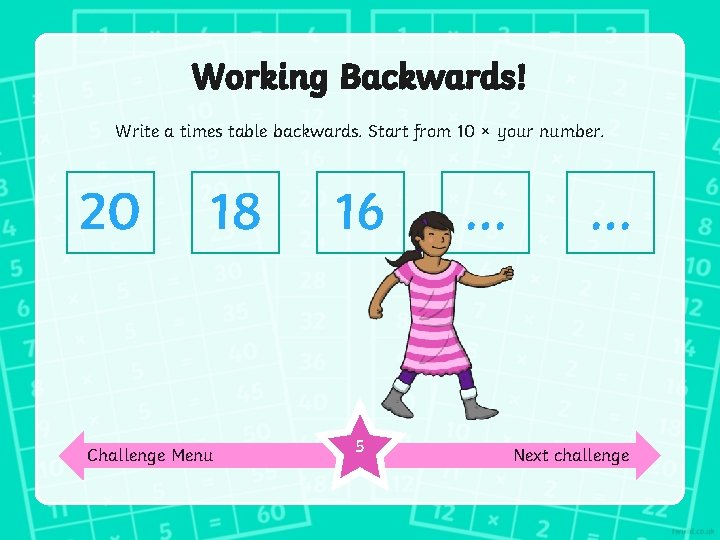 Working Backwards! Write a times table backwards. Start from 10 × your number. 20