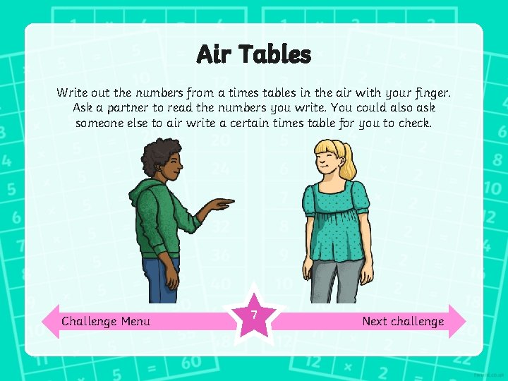 Air Tables Write out the numbers from a times tables in the air with