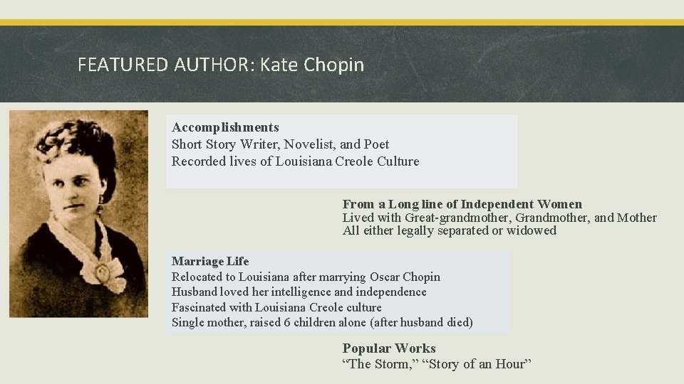 FEATURED AUTHOR: Kate Chopin Accomplishments Short Story Writer, Novelist, and Poet Recorded lives of