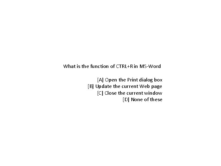 What is the function of CTRL+R in MS-Word [A] Open the Print dialog box