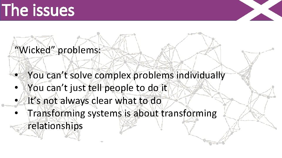 The issues “Wicked” problems: • • You can’t solve complex problems individually You can’t