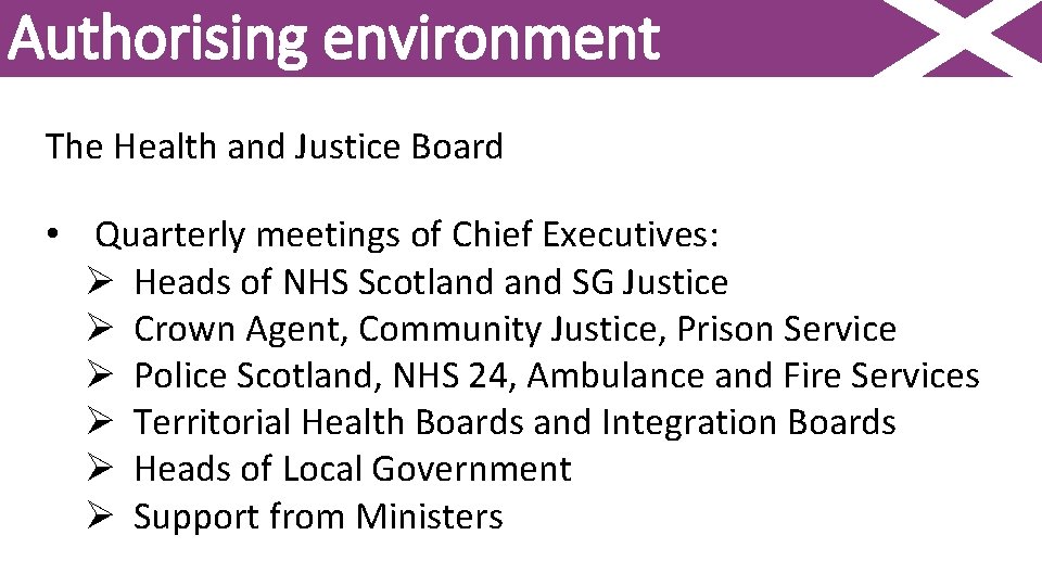 Authorising environment The Health and Justice Board • Quarterly meetings of Chief Executives: Ø