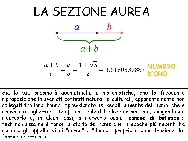 LA SEZIONE AUREA NUMERO D’ORO Sia le sue proprietà geometriche e matematiche, che la