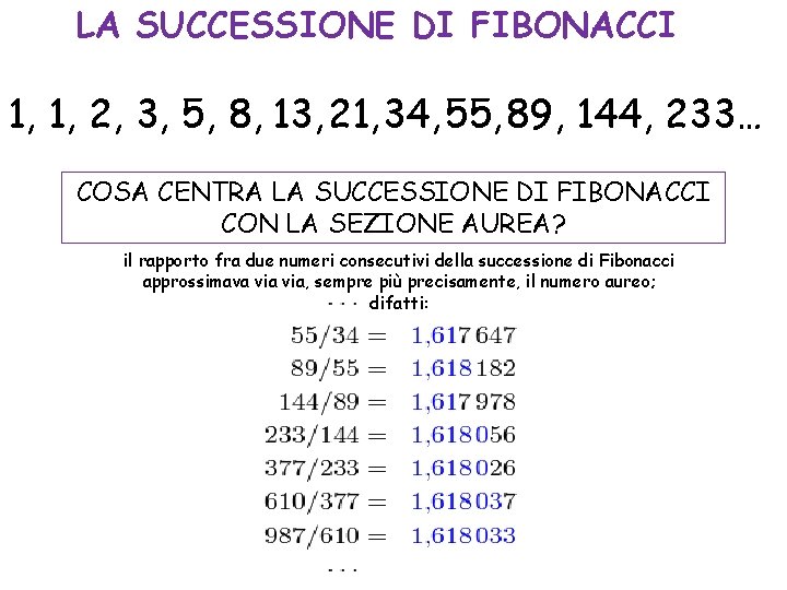 LA SUCCESSIONE DI FIBONACCI 1, 1, 2, 3, 5, 8, 13, 21, 34, 55,