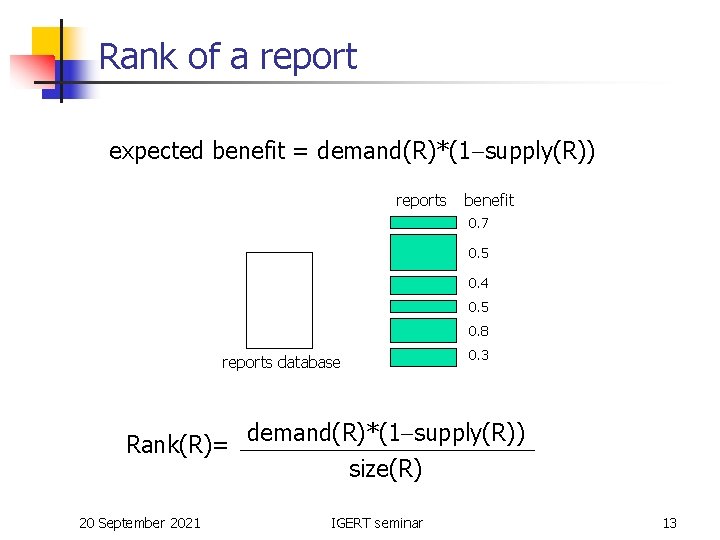 Rank of a report expected benefit = demand(R)*(1 supply(R)) reports benefit 0. 7 0.