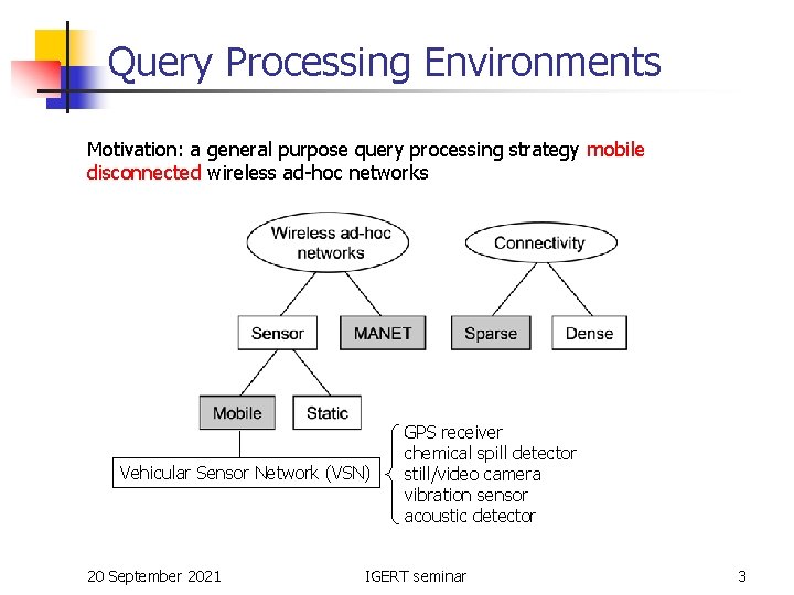 Query Processing Environments Motivation: a general purpose query processing strategy mobile disconnected wireless ad-hoc
