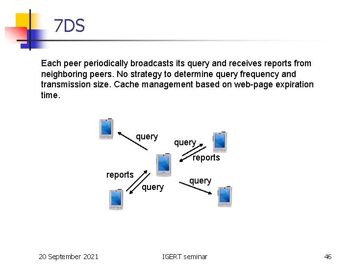 7 DS Each peer periodically broadcasts its query and receives reports from neighboring peers.