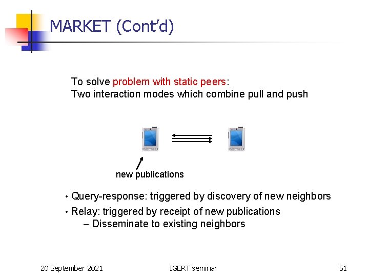 MARKET (Cont’d) To solve problem with static peers: Two interaction modes which combine pull