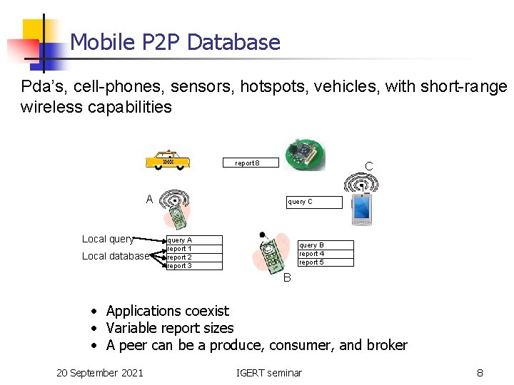 Mobile P 2 P Database Pda’s, cell-phones, sensors, hotspots, vehicles, with short-range wireless capabilities